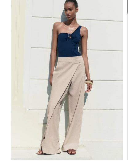 Asymmetric Wrap Tailored Trousers (Sand) - Milaro
